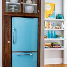 Midcentury Modern Kitchen With Blue Fridge