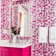 Pink Contemporary Bathroom With Branch Wallpaper