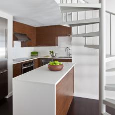 Modern Brown and White Kitchen and Spiral Stairs
