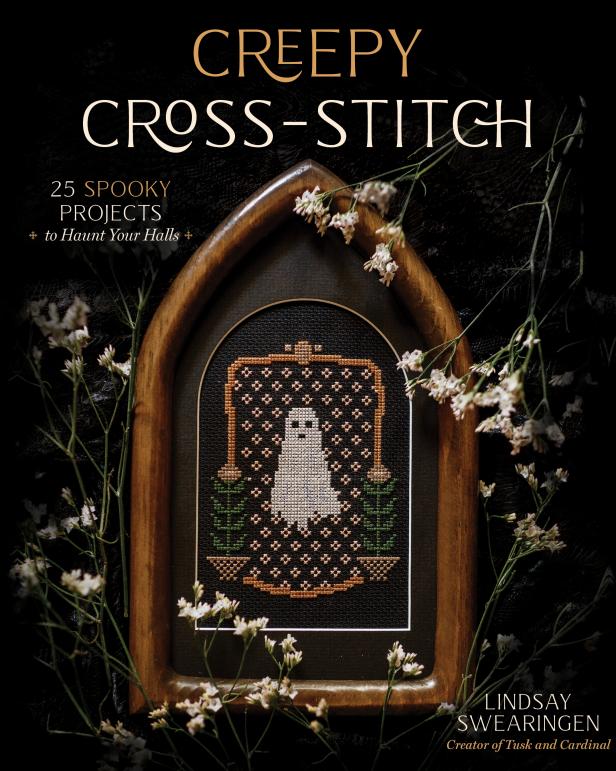 Creepy Cross-Stitch Book Cover, Ghost In Wood Frame, Flowers Around