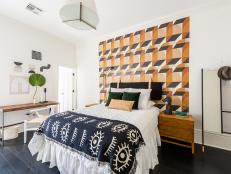 Guest Bedroom With Large Geometric Wallpaper Mural