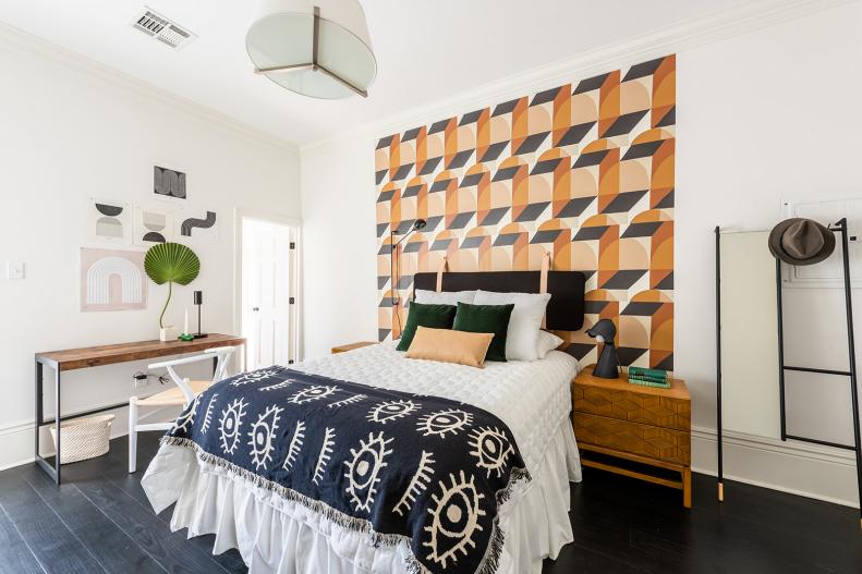 Guest Bedroom With Large Geometric Wallpaper Mural