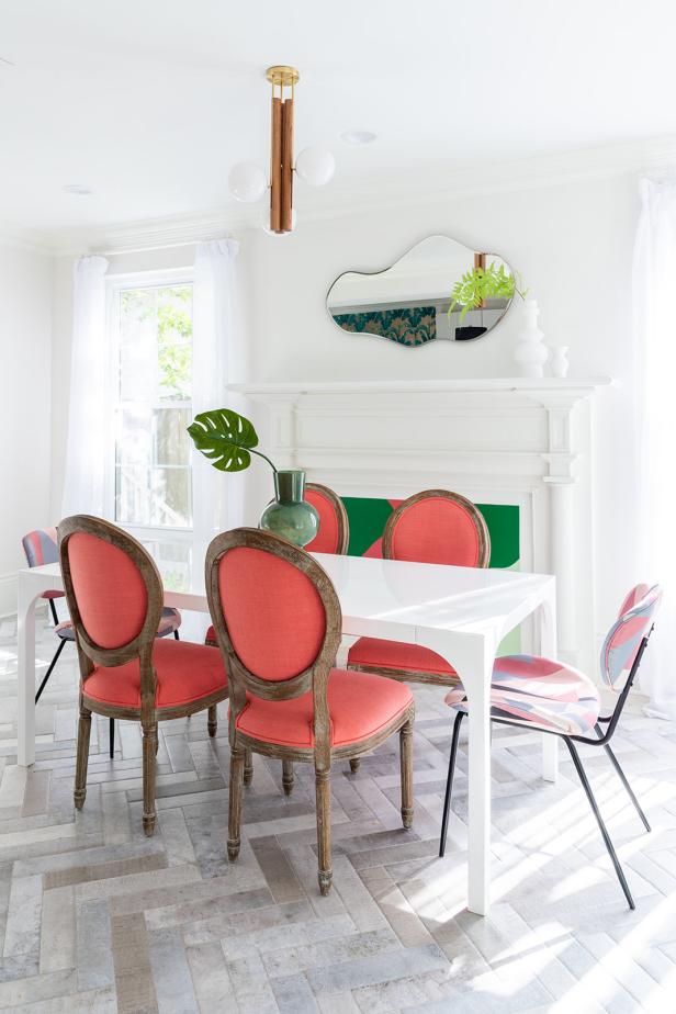 Bright White Dining Table Surrounded By, Bright Pink Dining Chairs