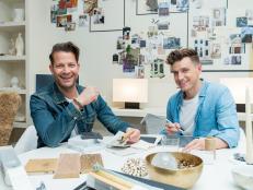 As seen on HGTV’s Starting Over with Nate and Jeremiah, Nate Berkus and Jeremiah Brent pose in the design studio. (Design Meeting)