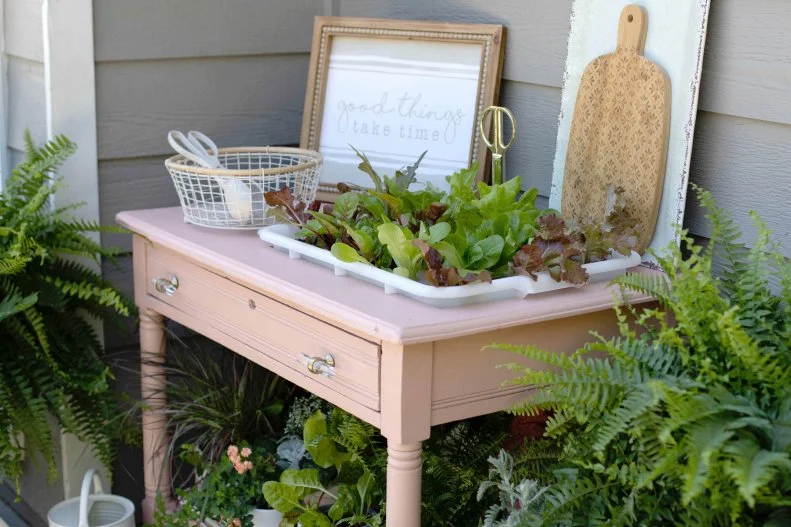 An upcycled table becomes a garden for growing greens.