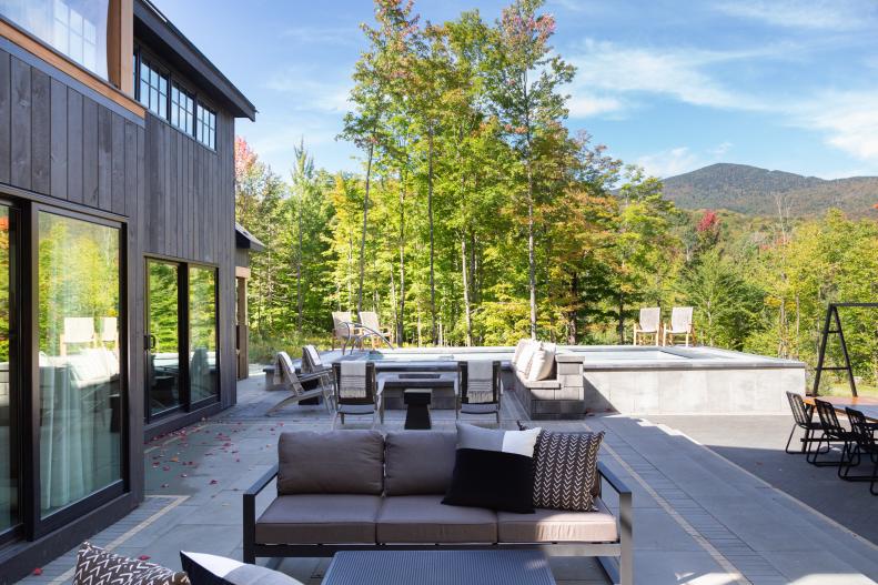 Pre-Load In Exterior Patio Lounge of the HGTV Dream Home 2022 in Sugarbush, VT.