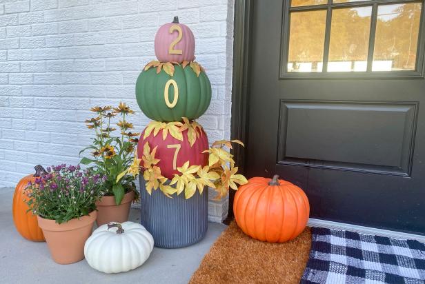 Stacked Faux Pumpkins on Porch in Fall Colors, House Numbers on Each