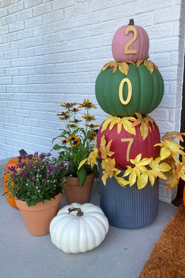 Stacked Faux Pumpkins on Porch in Fall Colors, House Numbers on Each