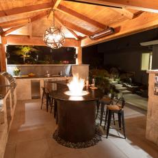 Brown Outdoor Kitchen With Fire Pit