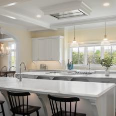 Cream Transitional Chef Kitchen With Black Stools