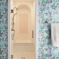 Blue Cottage Bathroom With Floral Wallpaper