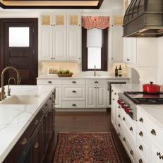 Traditional Neutral Kitchen With Red Valance