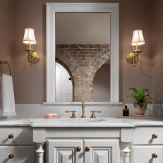 Neutral Transitional Bathroom and Brick Arches