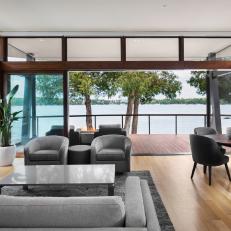 Modern Living Room and Lakefront Deck