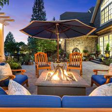 Patio With Wood Furniture and and Fire Pit