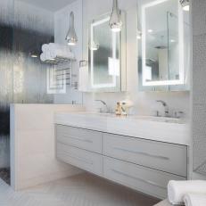 Herringbone Tile Floor in Glamorous Bathroom