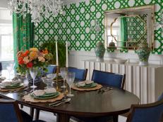 Dining Room With Green and White Lattice Print Wallpaper