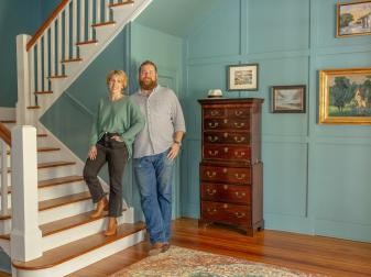 As seen on Home Town, a beautiful prairie style home has been fully renovated by Ben and Erin Napier. The new entry features beautiful pine floors uncovered during the renovation and a secret door leading to the primary bedroom.