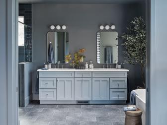 Gray Bathroom With Porcelain Tile Floor