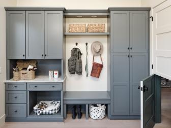 Gray Mudroom With Dog Bed