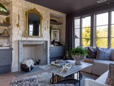 Contemporary Farmhouse Den With Limestone and Marble Fireplace 