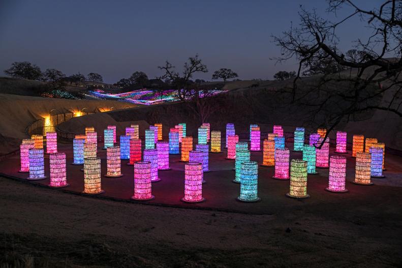 Lighted spheres and towers of light at Sensorio, an outdoor exhibition in Paso Robles, California.