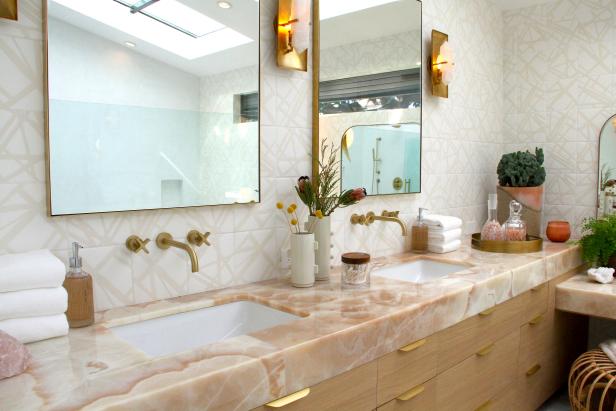 Detail of the bathroom double vanity in the newly renovated Costa Mesa, CA home, as seen on HGTV's Christina on the Coast.