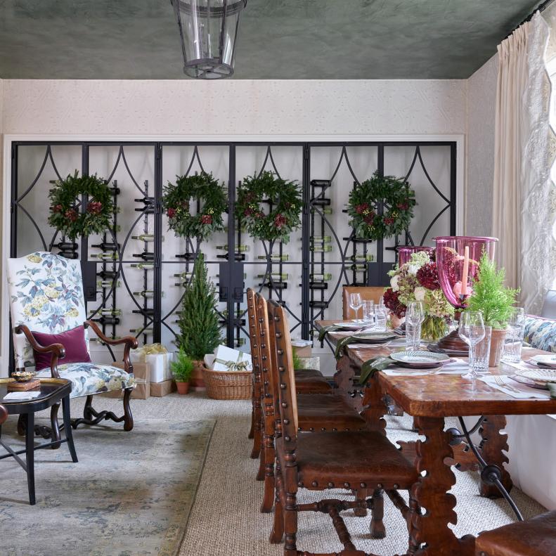 Dining Room Decorated for Christmas With Wreaths