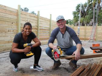 Hosts Brian and Mika Kleinschmidt during construction for Drew and Vanessa Richardson's special project as seen on 100 Day Dream Home.