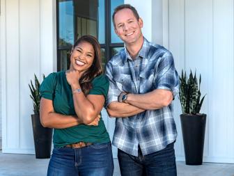 Hosts Brian and Mika Kleinschmidt smiling for a job well done outside of Cristen and Mauricio's dream Home. as seen on 100 Day Dream Home.