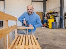 As seen on HGTV's Home Town Kickstart, host Joe Mazza is seen working on the custom wood bench being made for the community space in La Grange, KY. (Working Joe Mazza)