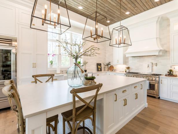 White Transitional Chef Kitchen With Glass Vase | HGTV