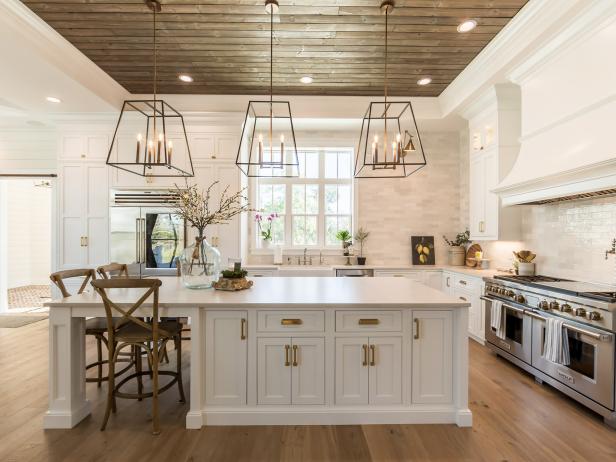 White Transitional Chef Kitchen With Wood Ceiling | HGTV