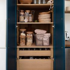 Blue Kitchen Cabinet With Wire Baskets