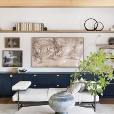Living Room Wall With Blue Cabinets