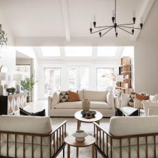 White Contemporary Living Room With Black Chandelier