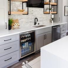Gray Transitional Kitchen With TV