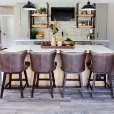 Gray Transitional Kitchen With Black Pendants