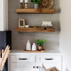 Storage Alcove With Gray Wallpaper