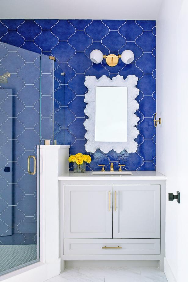 Blue and White Bathroom With Yellow Roses HGTV