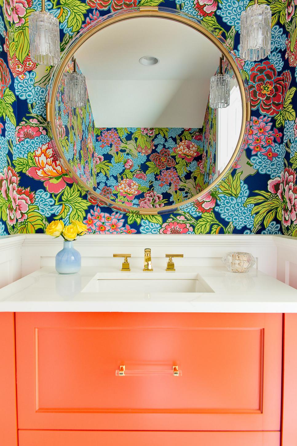 Multicolored Powder Room With Orange Vanity HGTV