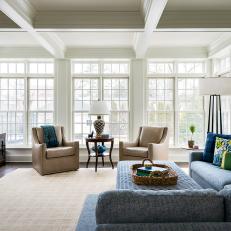 Transitional Sitting Room With Blue Sectional