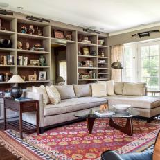 Transitional Neutral Library With Red Rug