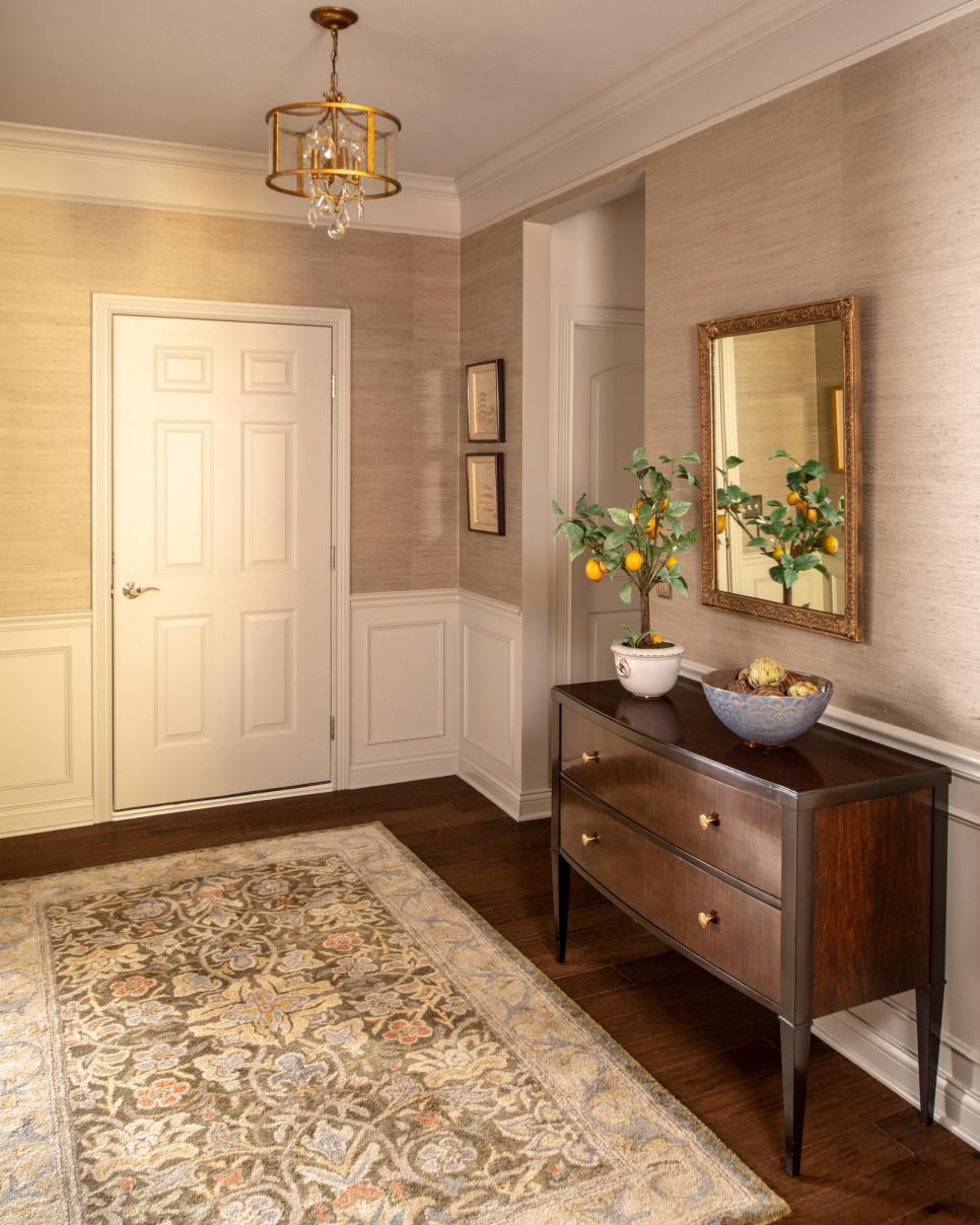 Traditional, Neutral Foyer With Floral Patterned Rug, Dark Wood Console