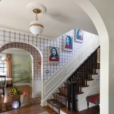 Eclectic Hall With Plaid Wallpaper