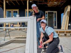 As seen on HGTV’s Rock the Block, team Lyndsay and Leslie work on the mantle for their fireplace.