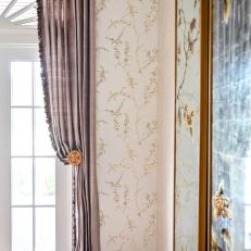 Gray Silk Curtain and Floral Wallpaper