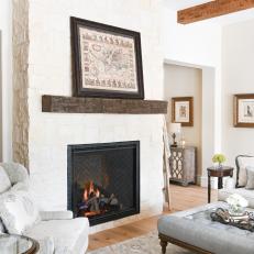 Cottage Living Room With Rustic Wood Mantel