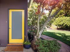 Yellow framed frosted glass door entry surrounded by greenery. 