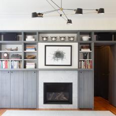 Rustic Gray Contemporary Shelving Unit With Modern Pendant
